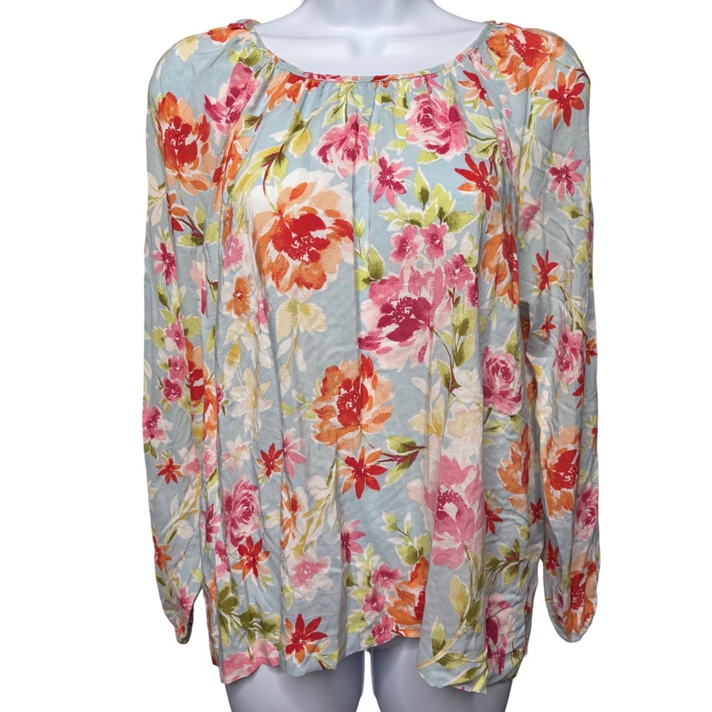 J. JILL Women Blue Floral Cold Shoulder Top S Petite Cottagecore Boho-Chic Flowy
